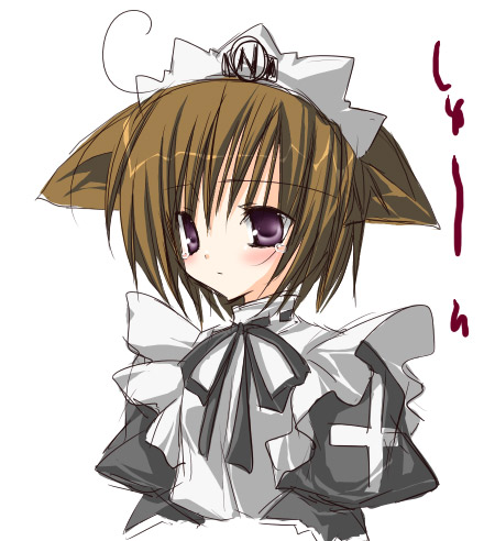 lowres, non-web source, 1girl, animal ears, black ribbon, blush, brown hair, female focus, frills, headdress, looking to the side, maid, maid headdress, neck ribbon, purple eyes, ribbon, short hair, simple background, solo, tears, upper body, white background