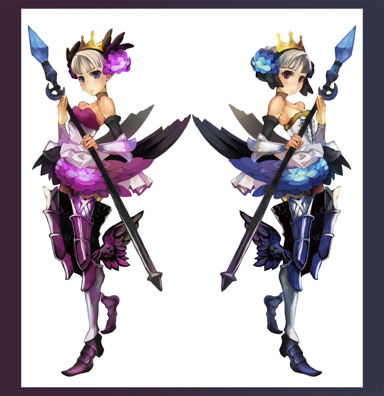 rondline, griselda, griselda (odin sphere), gwendolyn (odin sphere), odin sphere, bad id, bad pixiv id, highres, 2girls, armor, armored dress, blue eyes, boots, choker, crown, dress, elbow gloves, gloves, head wings, multiple girls, polearm, pteruges, purple eyes, siblings, sisters, spear, strapless, strapless dress, thigh boots, thighhighs, weapon, white hair, wings