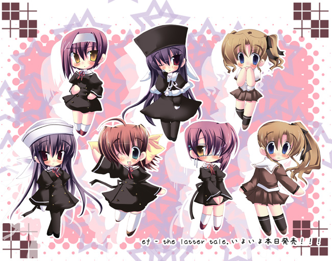 yuuki tsubasa, amamiya yuuko, hayama mizuki, miyamura miyako, shindou chihiro, shindou kei (ef), ef (visual novel), 00s, 6+girls, chibi, eyepatch, multiple girls, pantyhose, thighhighs