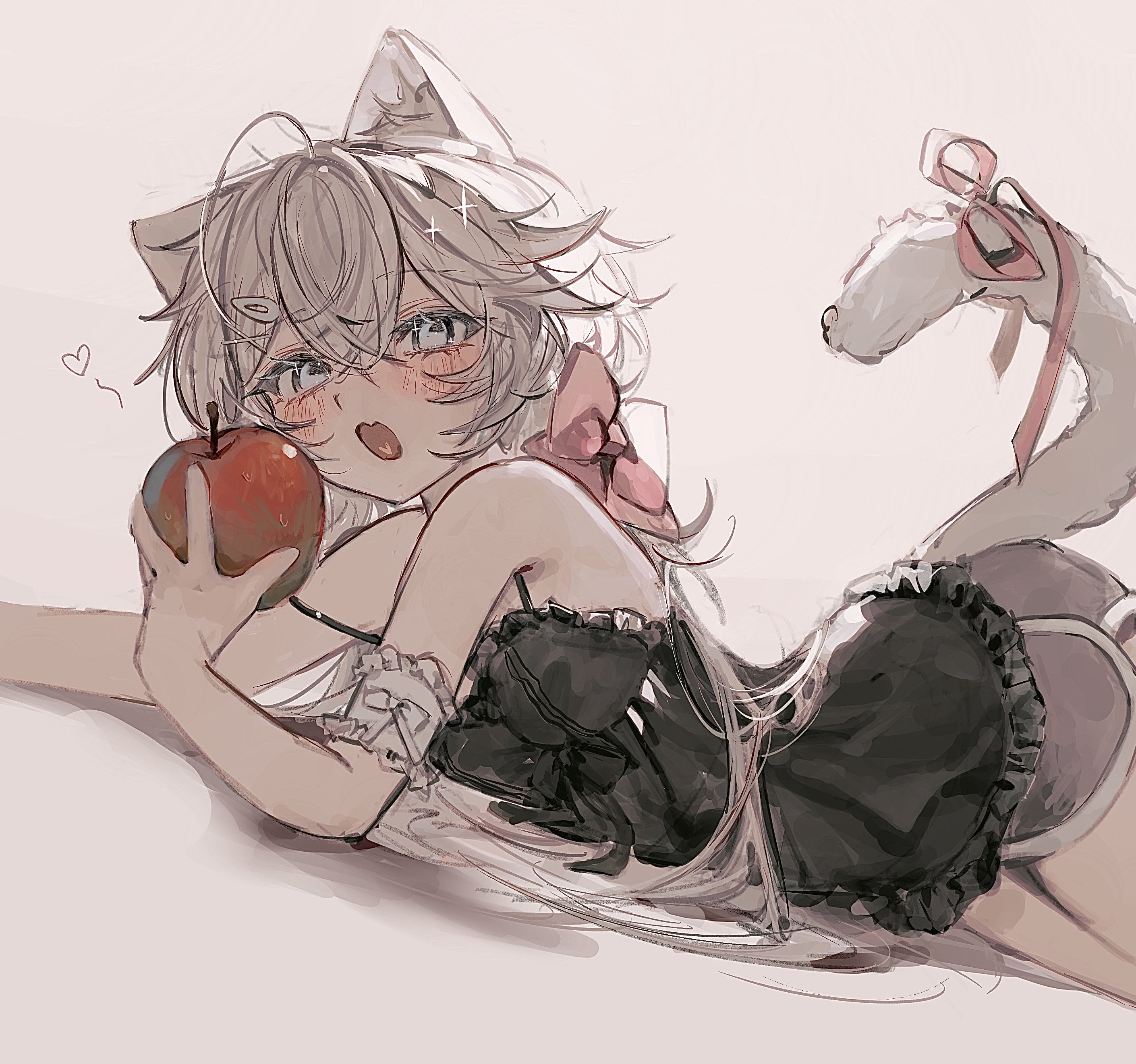 sushineko8, original, absurdres, highres, 1girl, animal ears, apple, blush, cat ears, cat girl, food, fruit, hair ornament, hairclip, heart, long hair, simple background, solo, tail, x hair ornament