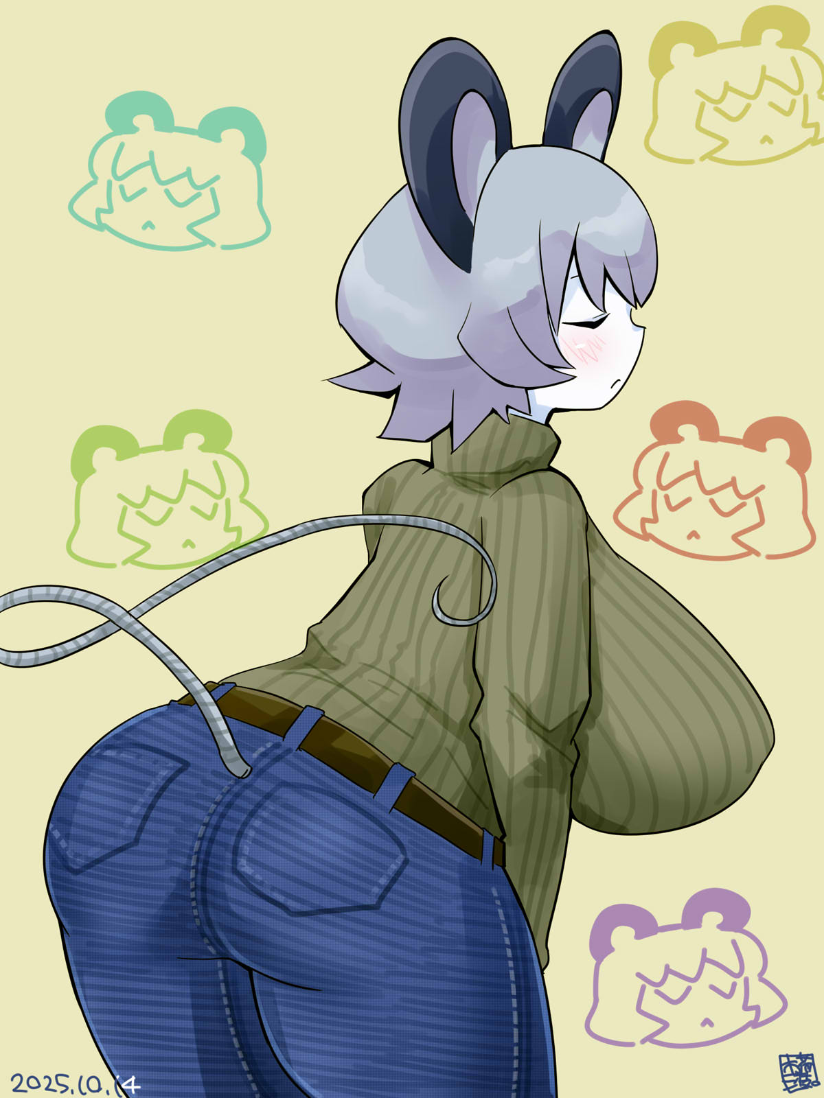 itini-sanshi, nazrin, nyon (cookie), cookie (touhou), touhou, commentary request, highres, 1girl, :<, animal ears, ass, blue pants, blush, breasts, closed eyes, closed mouth, colored skin, cowboy shot, dated, denim, green sweater, grey hair, jeans, large breasts, leaning forward, mouse ears, mouse girl, mouse tail, pants, short hair, solo, sweater, tail, turtleneck, turtleneck sweater, white skin, yellow background