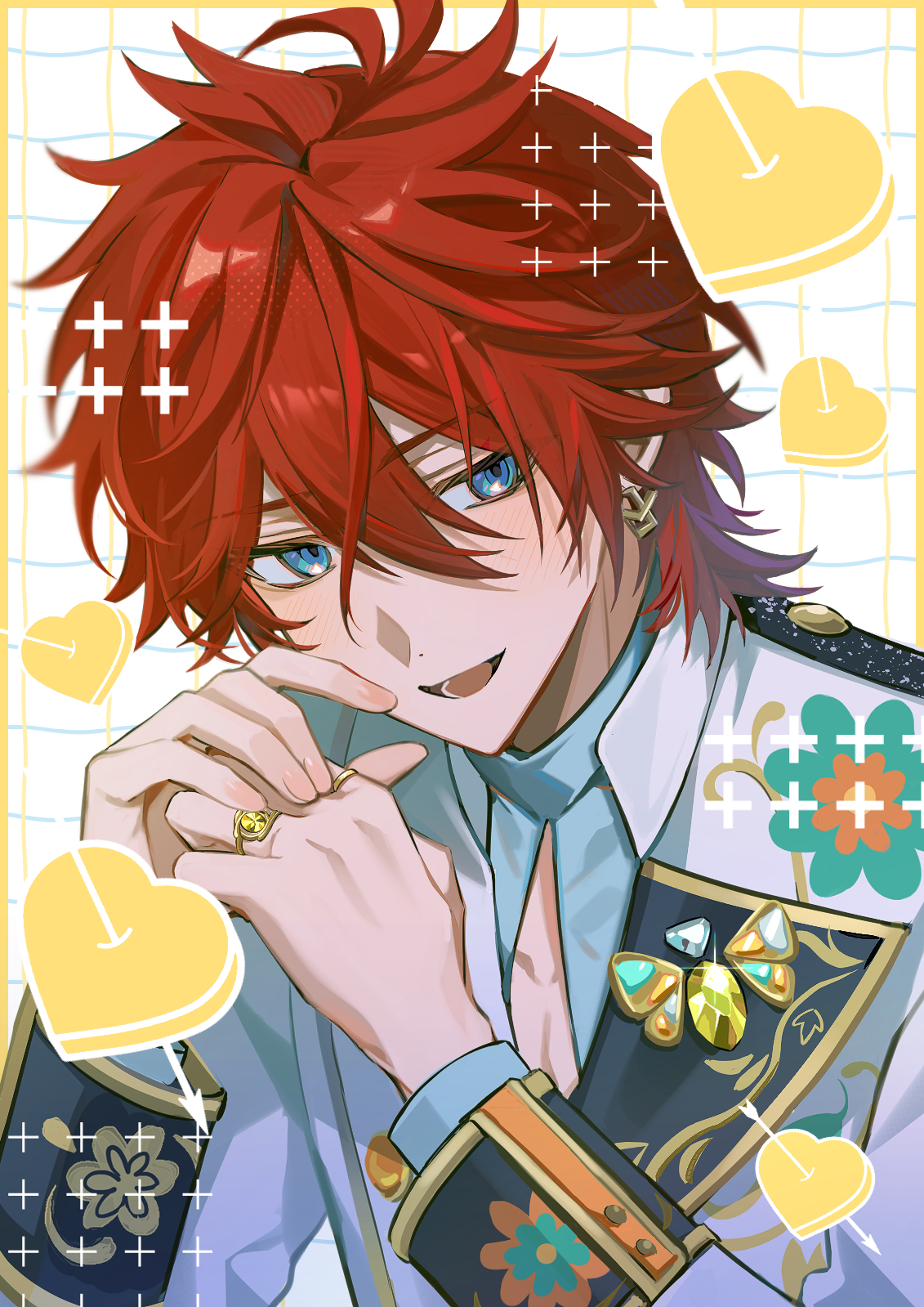 amagi rinne, ensemble stars!, highres, 1boy, 4k10r1, arrow through heart, blue eyes, blue shirt, blush, border, breasts, brooch, cleavage cutout, clothing cutout, earrings, fingernails, gold earrings, gold ring, grid background, hair between eyes, heart, jacket, jewelry, lapels, long sleeves, looking at viewer, male focus, medium breasts, multiple rings, open clothes, open jacket, open mouth, outside border, own hands together, pectoral cleavage, pectorals, portrait, red hair, ring, shirt, smile, solo, wavy background, white background, white jacket, yellow border