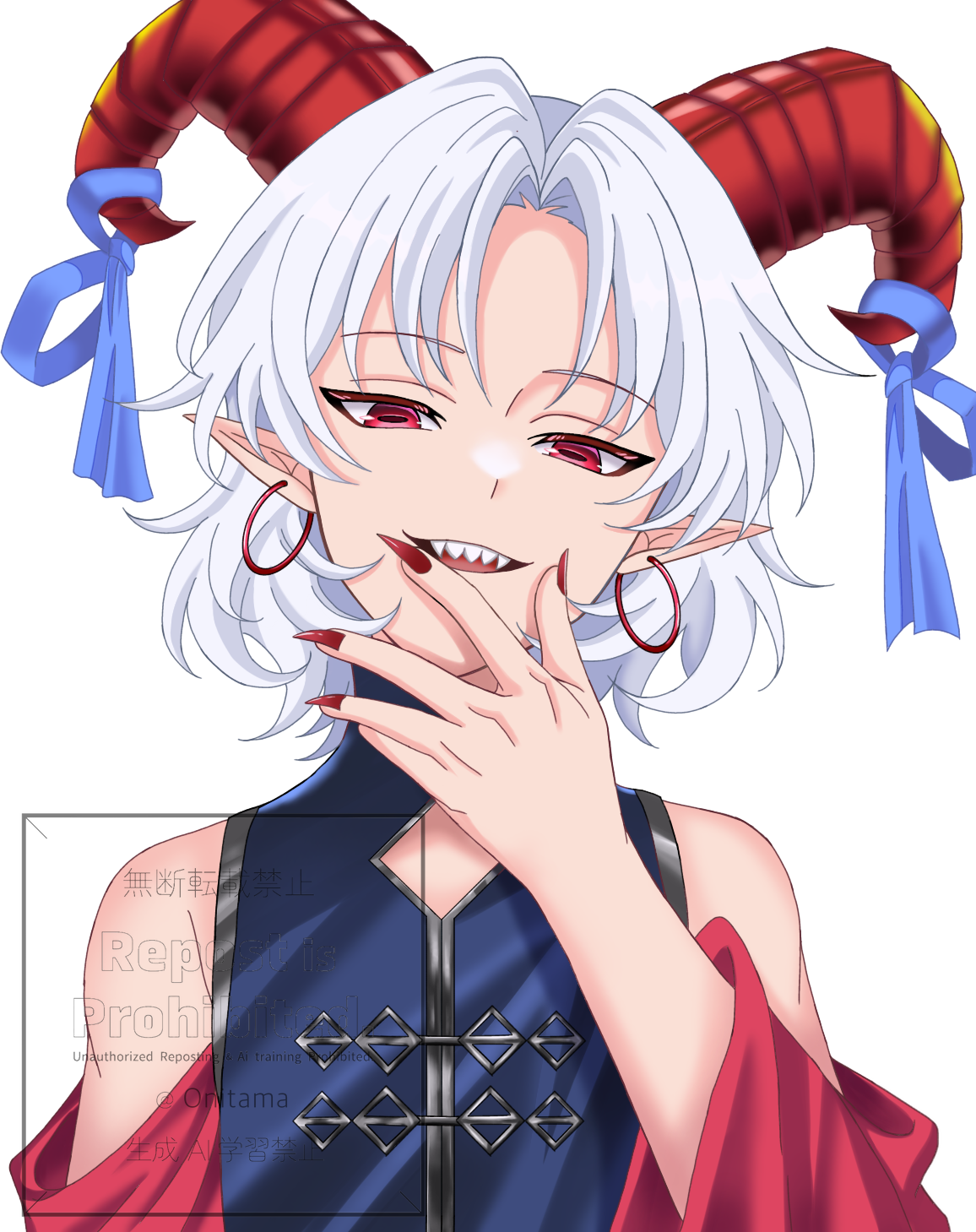 oni tama, toutetsu yuuma, touhou, commentary request, highres, 1girl, blue shirt, detached sleeves, earrings, fingernails, hoop earrings, horizontal pupils, horns, jewelry, looking at viewer, open mouth, pointy ears, red eyes, red horns, red nails, red sleeves, sharp fingernails, sharp teeth, shirt, short hair, simple background, sleeveless, sleeveless shirt, smile, solo, teeth, upper body, white background, white hair