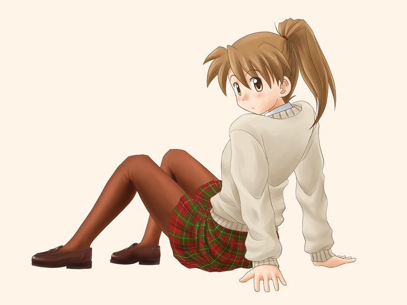 lielos, poniko (lielos), original, brown eyes, brown hair, pantyhose, ponytail, school uniform, sitting, solo, sweater