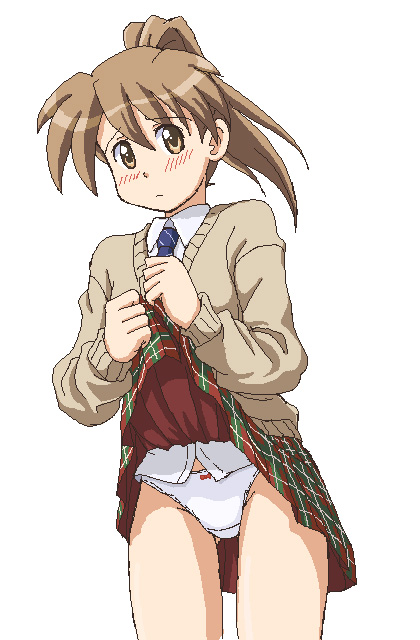 lielos, poniko (lielos), original, blush, brown eyes, brown hair, clothes lift, panties, ponytail, school uniform, skirt, skirt lift, solo, underwear, white panties
