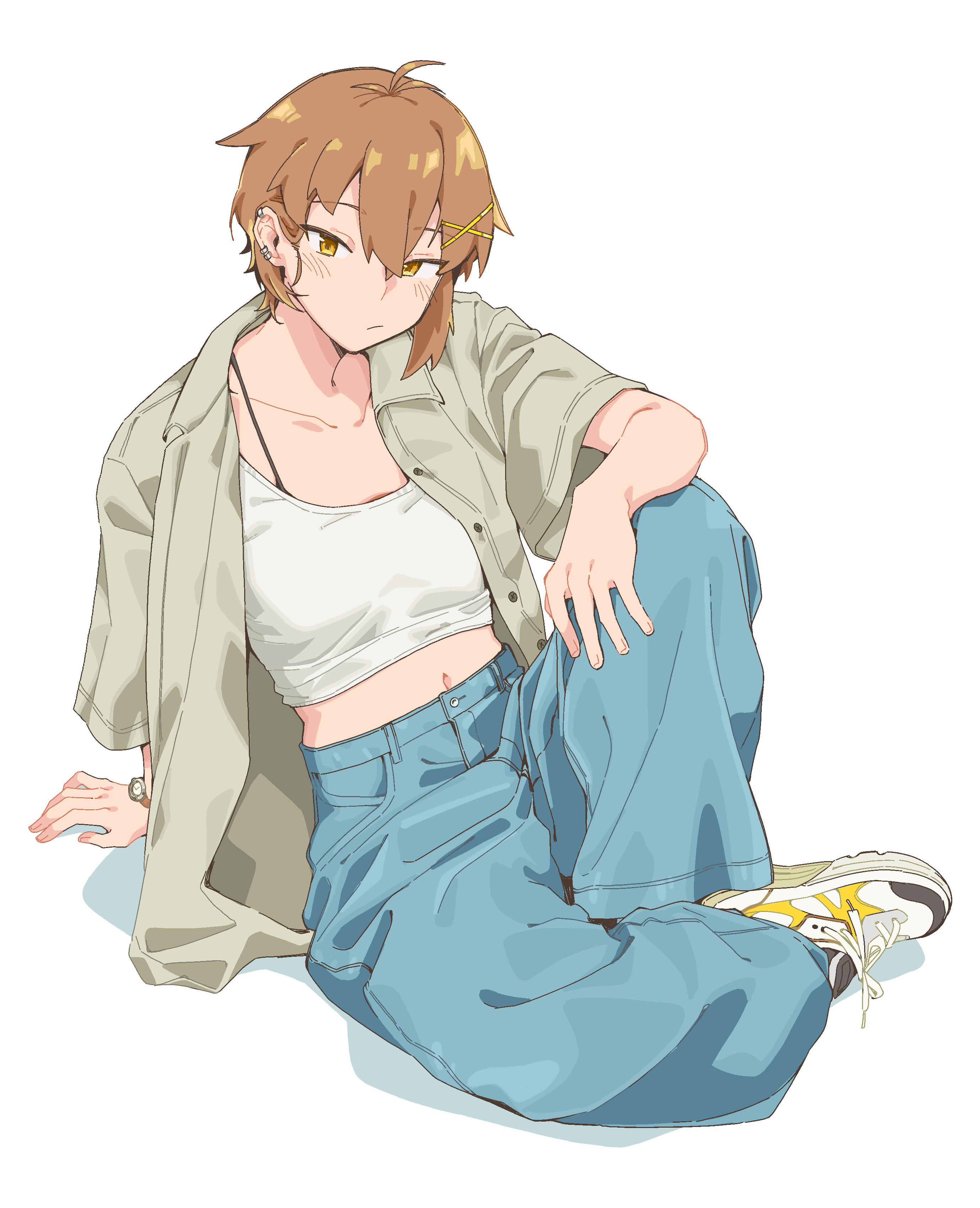 kokuya (kokuya28), fukana miyu (kokuya28), original, absurdres, commentary, highres, 1girl, blue pants, blush, brown hair, closed mouth, collared shirt, crop top, earrings, expressionless, full body, grey shirt, hair ornament, jewelry, looking at viewer, midriff, navel, open clothes, open shirt, pants, shirt, shoes, short hair, short sleeves, simple background, sneakers, solo, tank top, white background, white shoes, white tank top, x hair ornament, yellow eyes