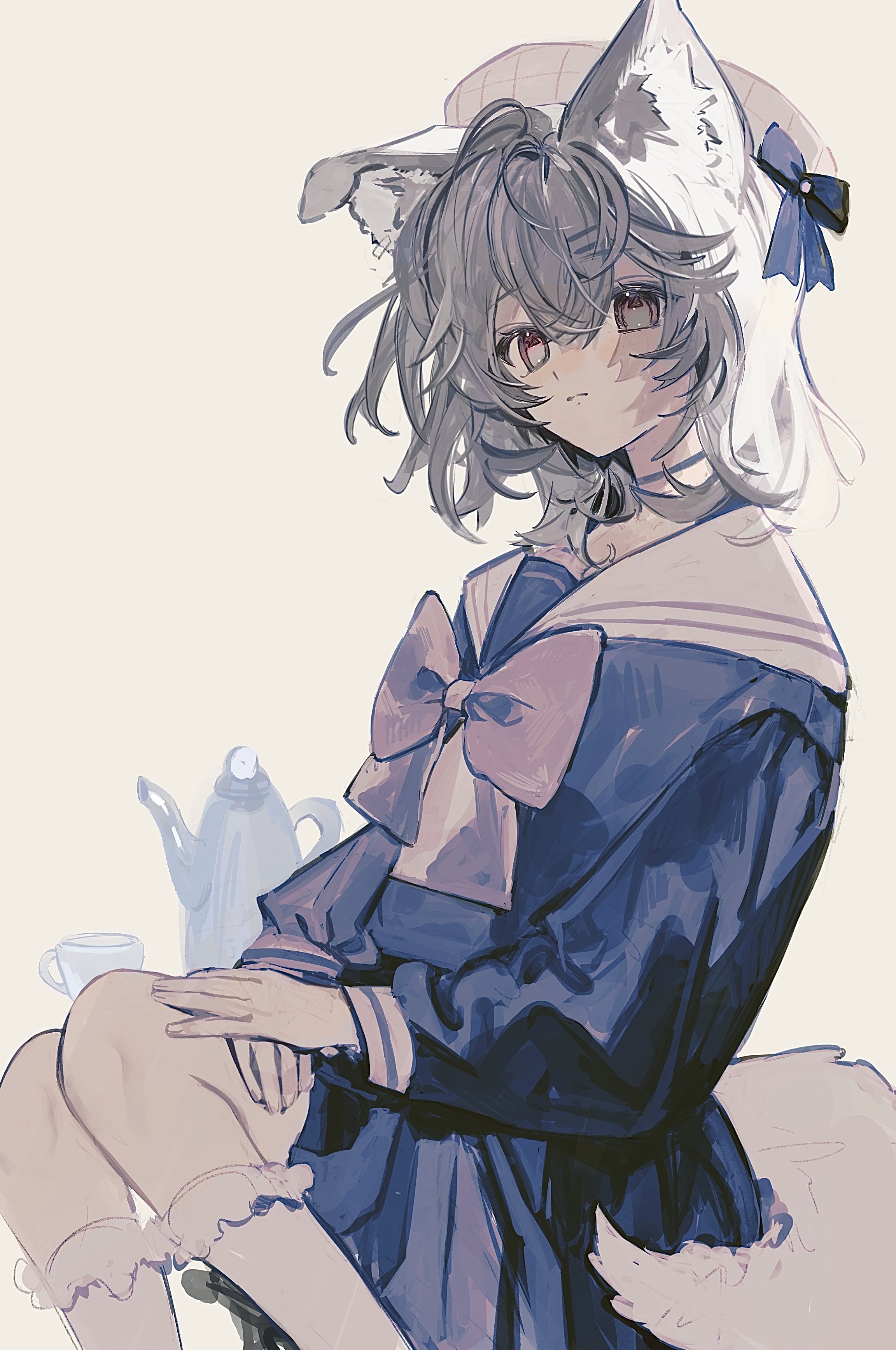 sushineko8, original, absurdres, highres, 1girl, animal ears, cat ears, closed mouth, grey hair, hat, ribbon, simple background, sitting, solo, tea, white background