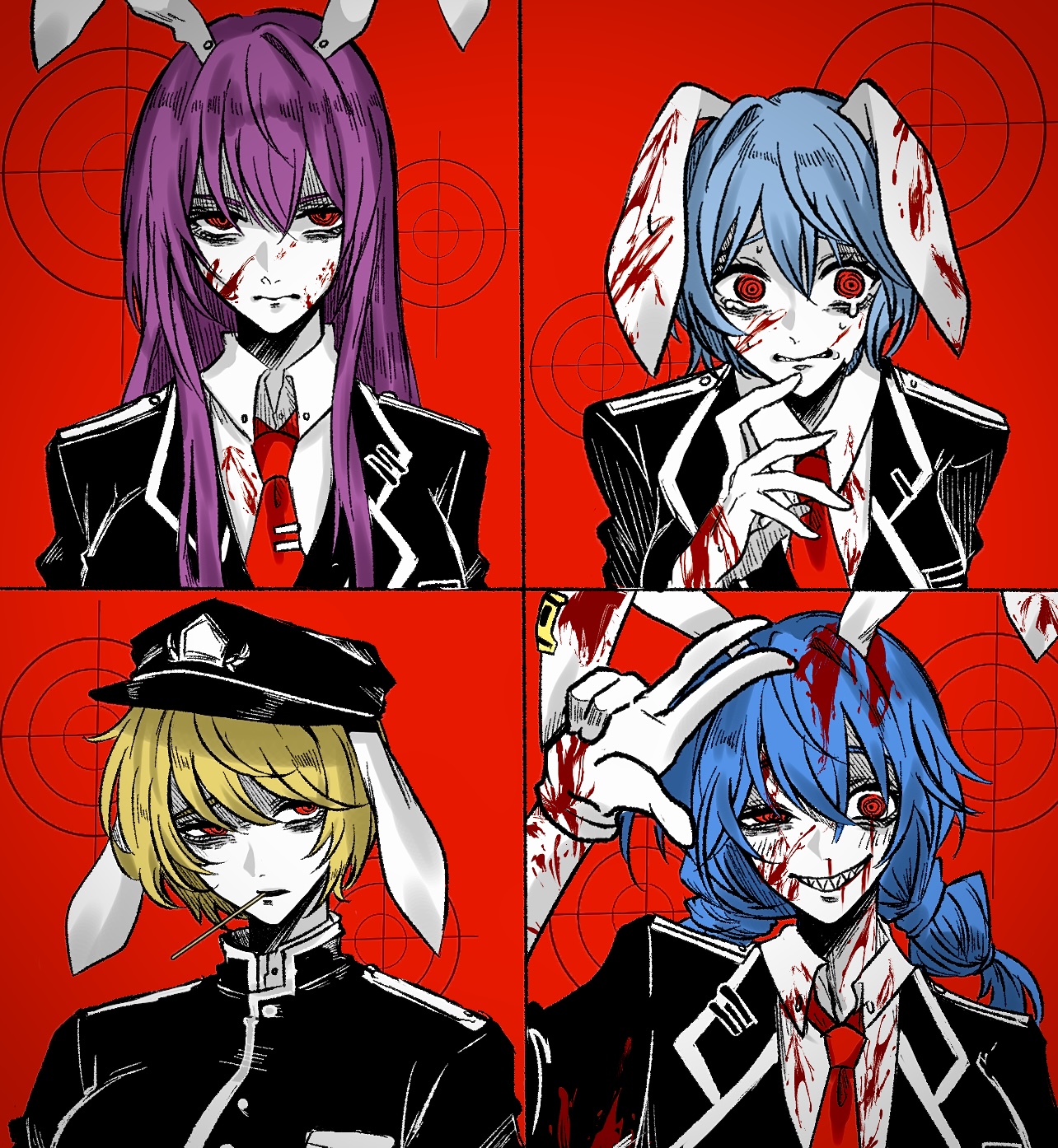 nap muntarou, reisen (touhou bougetsushou), reisen udongein inaba, ringo (touhou), seiran (touhou), touhou, commentary request, highres, 4girls, animal ears, bags under eyes, black jacket, blazer, blonde hair, blood, blood on clothes, blood on face, blue hair, braid, closed mouth, collared shirt, colored skin, floppy ears, gloves, grin, jacket, long hair, long sleeves, looking at viewer, military uniform, multiple girls, necktie, open mouth, purple hair, rabbit ears, rabbit girl, red eyes, red necktie, ringed eyes, sharp teeth, shirt, short hair, smile, teeth, twin braids, upper body, white gloves, white shirt, white skin