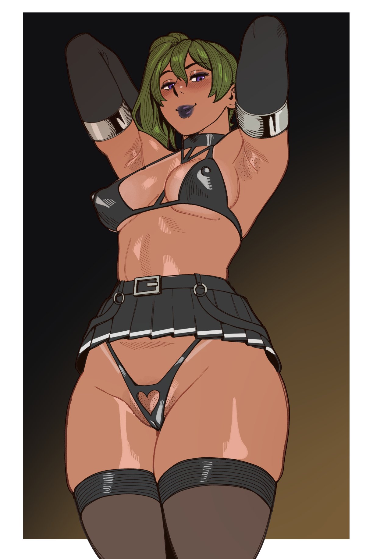 nastacic, ubel (sousou no frieren), sousou no frieren, highres, 1girl, armpits, black bra, black gloves, black lips, black panties, black skirt, black thighhighs, bra, breasts, clothing cutout, covered erect nipples, elbow gloves, gloves, green hair, heart cutout, medium breasts, microskirt, panties, panty cutout, pleated skirt, purple eyes, see-through clothes, see-through thighhighs, skirt, solo, thighhighs, underwear