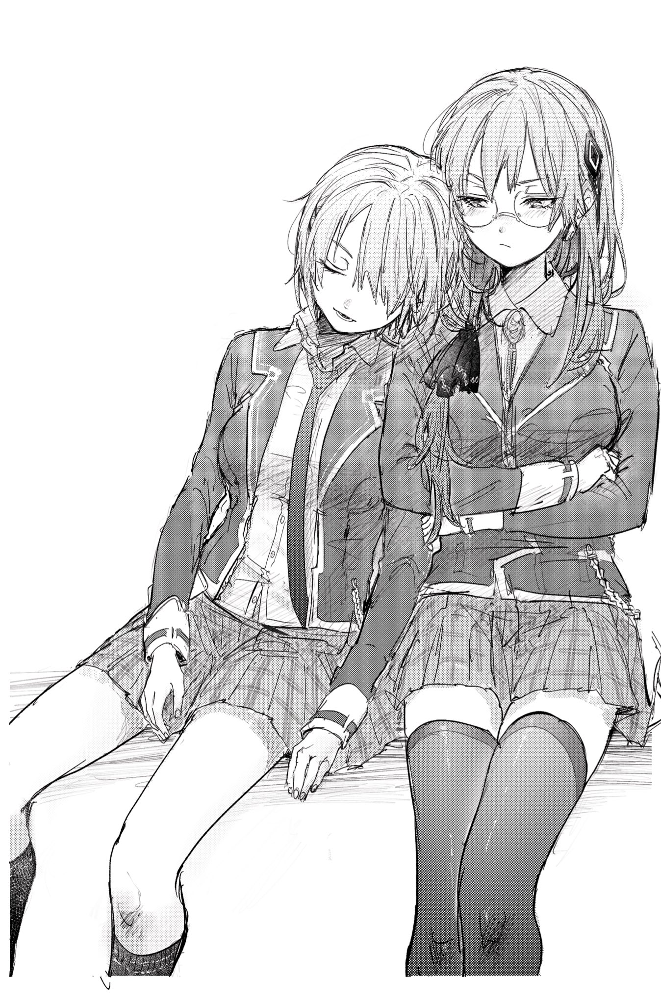 kulfiq, izumi yuki (heaven burns red), kayamori ruka, heaven burns red, highres, 2girls, blazer, breasts, closed eyes, closed mouth, collared shirt, crossed arms, glasses, hair ornament, hair over one eye, jacket, kneehighs, leaning on person, long hair, long sleeves, multiple girls, necktie, open clothes, open jacket, plaid clothes, plaid skirt, pleated skirt, ribbon, round eyewear, school uniform, shirt, short hair, simple background, sitting, skirt, sleeping, sleeping on person, sleeping upright, socks, thighhighs, white background, yuri, zettai ryouiki