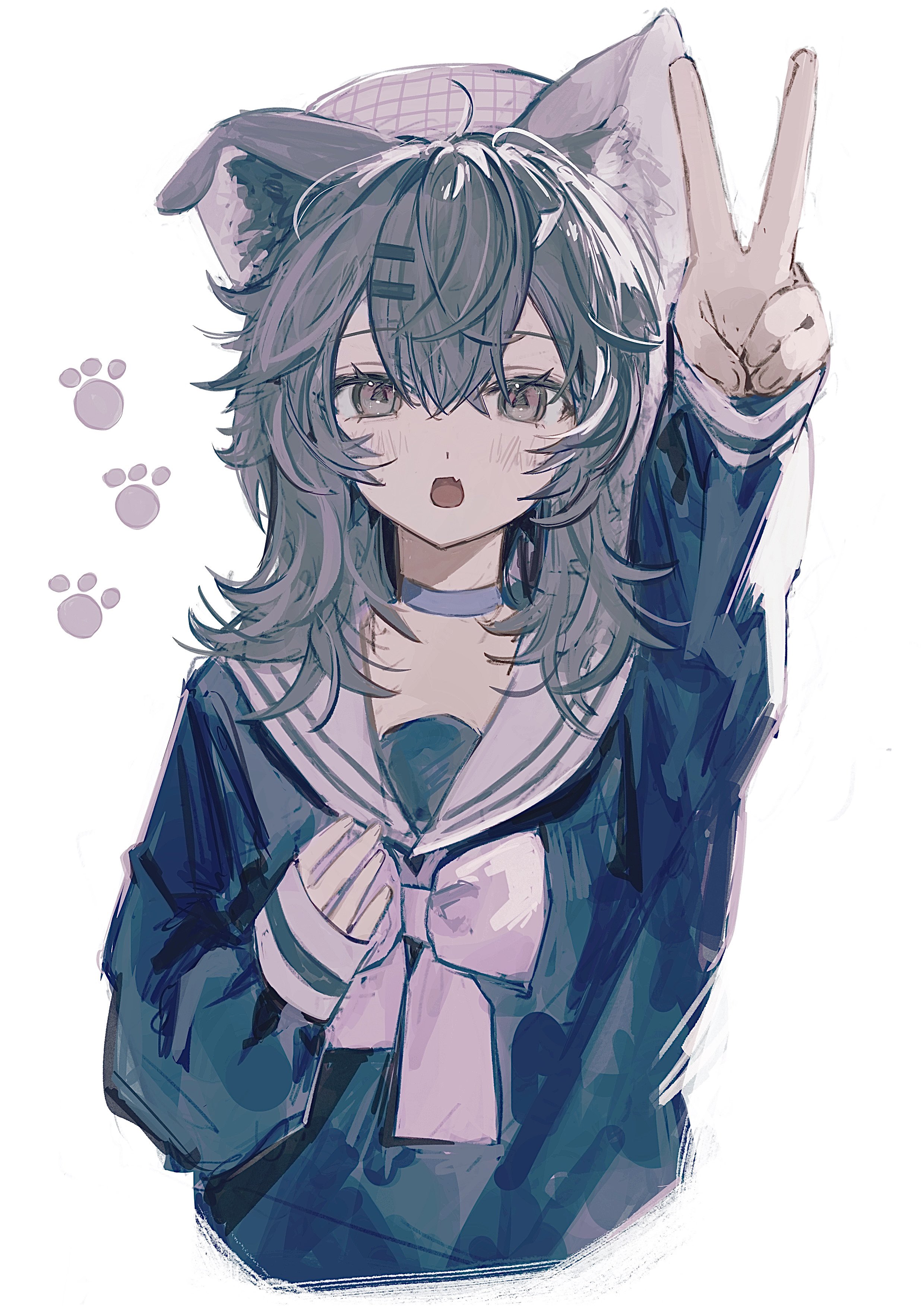 sushineko8, original, absurdres, highres, 1girl, animal ears, blush, cat ears, cat girl, open mouth, school uniform, simple background, solo, v, white background