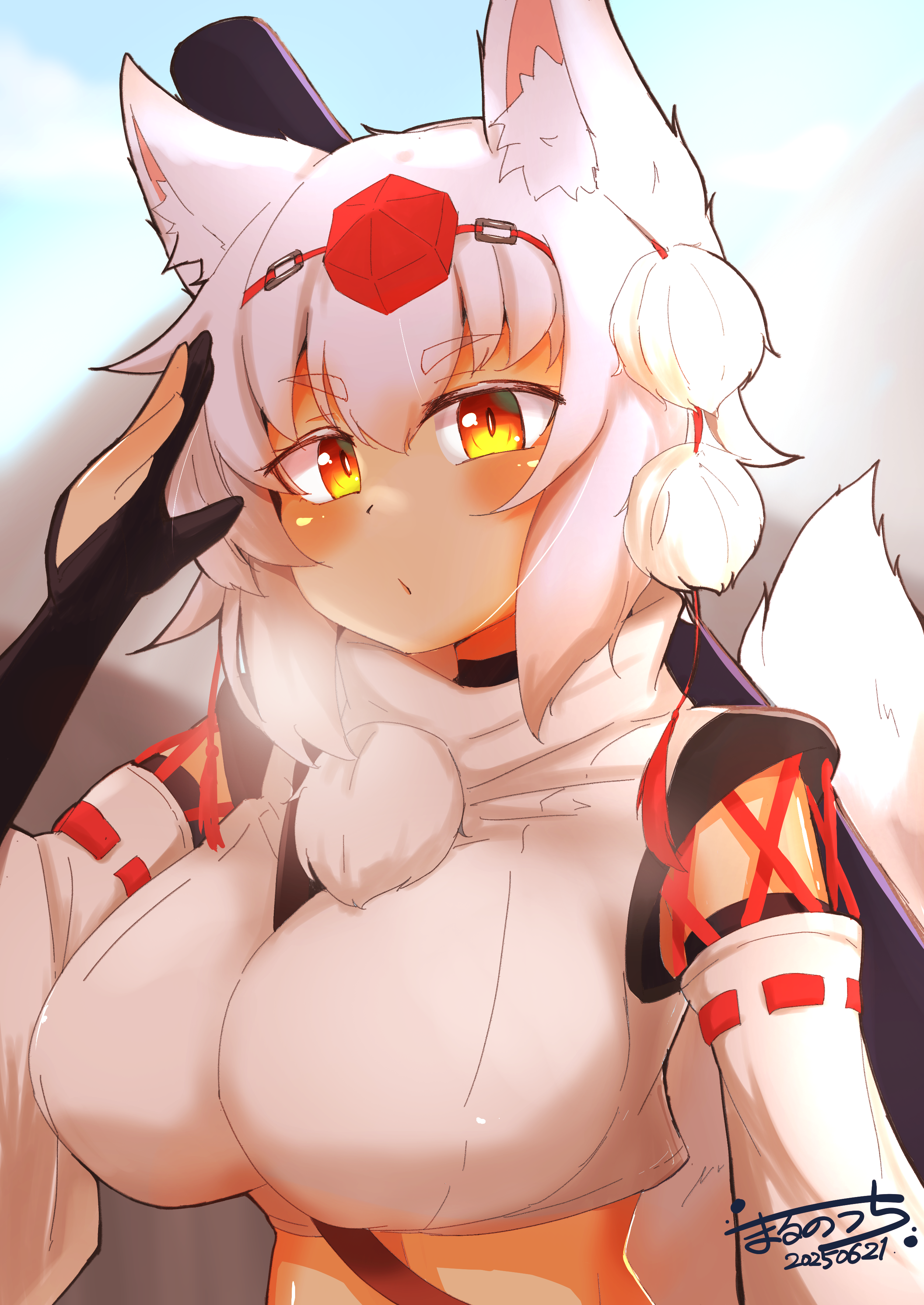 otomen maru-no-uchi, inubashiri momiji, touhou, absurdres, commentary request, highres, 1girl, animal ear fluff, animal ears, between breasts, black gloves, blush, breasts, closed mouth, dated, detached sleeves, elbow gloves, gloves, hat, large breasts, looking at viewer, orange eyes, partially fingerless gloves, pom pom (clothes), red hat, ribbon-trimmed sleeves, ribbon trim, shirt, short hair, signature, sleeveless, sleeveless shirt, solo, strap between breasts, tokin hat, turtleneck, turtleneck shirt, upper body, white hair, white shirt, white sleeves, wolf ears, wolf girl