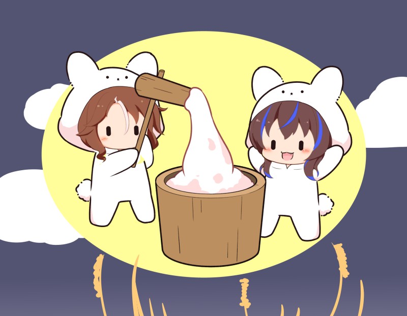 gomashio (goma feet), daitaku helios (umamusume), mejiro palmer (umamusume), umamusume, commentary, 2girls, :3, :d, animal costume, animal hood, blue hair, blush, brown hair, chibi, chibi only, fang, food, full body, holding, hood, hood up, horse girl, kine, mallet, mochi, multicolored hair, multiple girls, open mouth, rabbit costume, rabbit hood, short hair, smile, standing, streaked hair, two-tone hair, white hair, | |