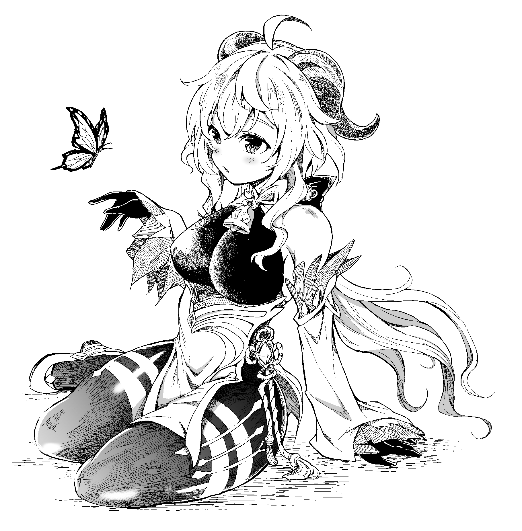 shiiba aki, ganyu (genshin impact), genshin impact, commentary, highres, 1girl, ahoge, bare shoulders, bell, breasts, bug, butterfly, detached sleeves, gloves, greyscale, horns, insect, large breasts, long hair, monochrome, neck bell, parted lips, sidelocks, simple background, sitting, sleeveless bodystocking, solo, white background, yokozuwari