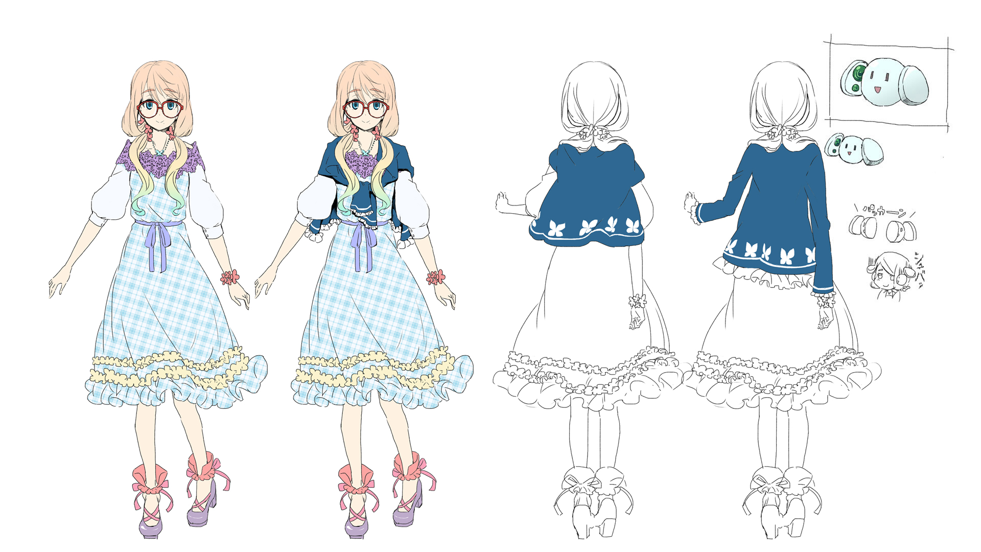 umetani atarou, haruno sora, voiceroid, highres, official art, second-party source, 1girl, ankle ribbon, anklet, aqua eyes, asymmetrical bangs, blonde hair, blue cardigan, blue dress, blue hair, bow, bracelet, butterfly hair ornament, butterfly necklace, cardigan, cardigan around neck, collarbone, cross-laced shoes, dress, ear ornament, flat color, flower bracelet, frilled anklet, frilled cardigan, frilled dress, frills, from behind, glasses, gradient hair, hair ornament, hair over shoulder, jewelry, leg ribbon, lineart, low ponytail, medium dress, mole, mole under mouth, multicolored hair, multiple views, necklace, no headgear, off-shoulder dress, off shoulder, orange hair, pink ribbon, plaid clothes, plaid dress, ponytail, puffy sleeves, purple sash, purple shoes, red-framed eyewear, reference sheet, ribbon, ringlets, sash, shoes, sidelocks, sidelocks tied back, simple background, solo, split ponytail, straight-on, thick eyebrows, three-quarter sleeves, waist bow, white background