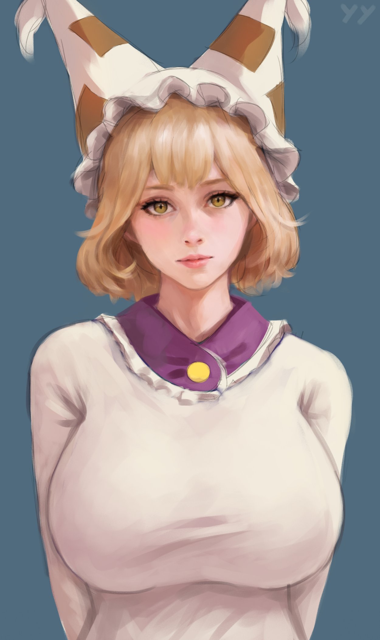 yyf (seaknight), yakumo ran, touhou, highres, 1girl, animal ears, animal hat, blonde hair, blush, breasts, dress, fox ears, hat, huge breasts, long sleeves, looking at viewer, mob cap, short hair, solo, tail, yellow eyes