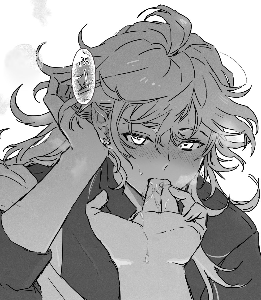 pakameso paso, merlin (fate), fate/grand order, fate (series), highres, 1boy, 1other, blush, finger in another's mouth, greyscale, hair between eyes, long hair, looking at viewer, male focus, monochrome, pointy ears, pov, pov hands, saliva, shirt, simple background, speech bubble, sweatdrop, upper body, white background