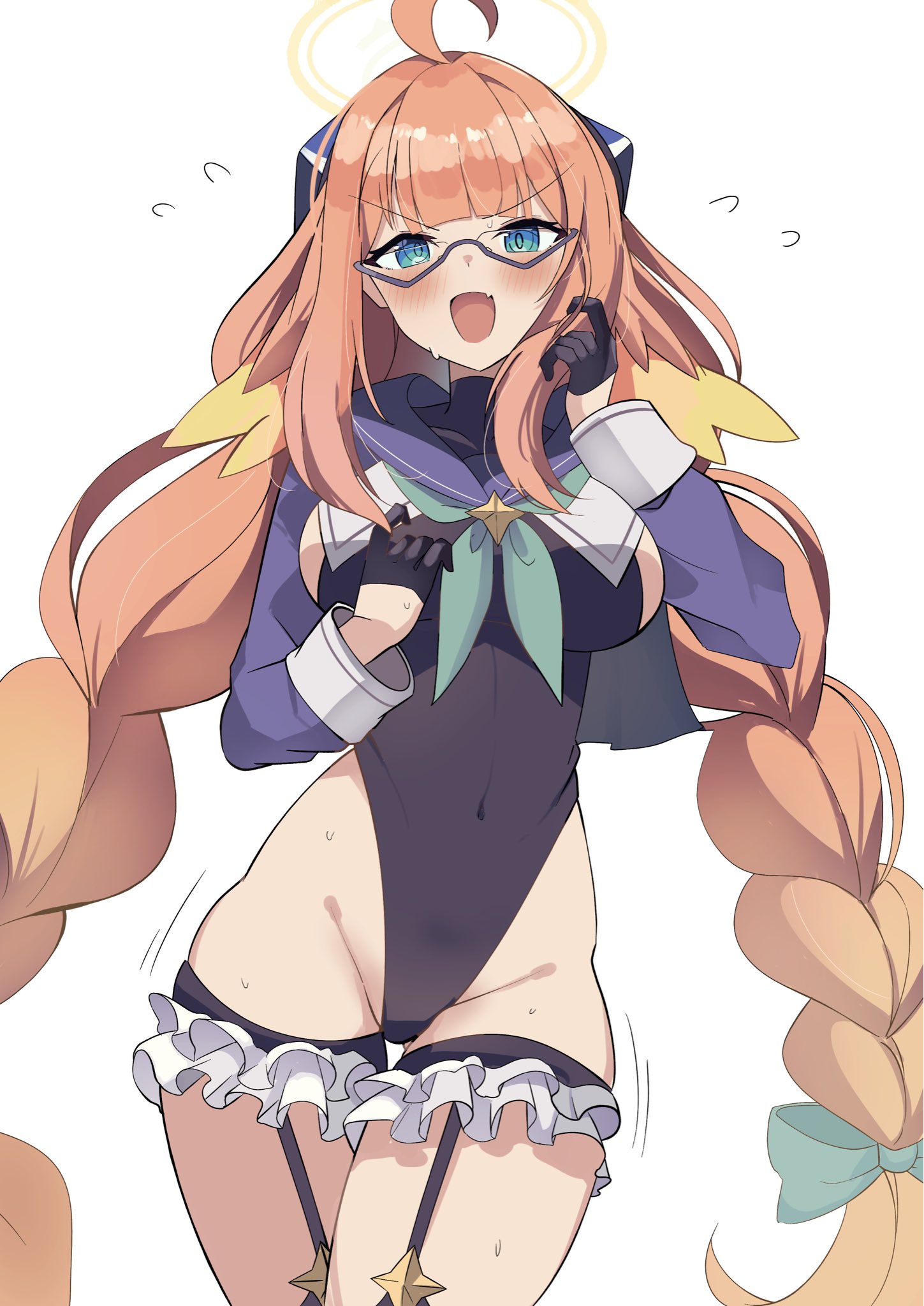 koshian (taiyaki), shimiko (blue archive), shimiko (magical) (blue archive), blue archive, braided twintails, highres, 1girl, black leotard, blue shrug, braid, feather hair, feathers, glasses, gloves, half gloves, halo, leotard, looking at viewer, low twin braids, official alternate costume, orange hair, shrug (clothing), solo, super highleg, twin braids, yellow feathers, yellow halo