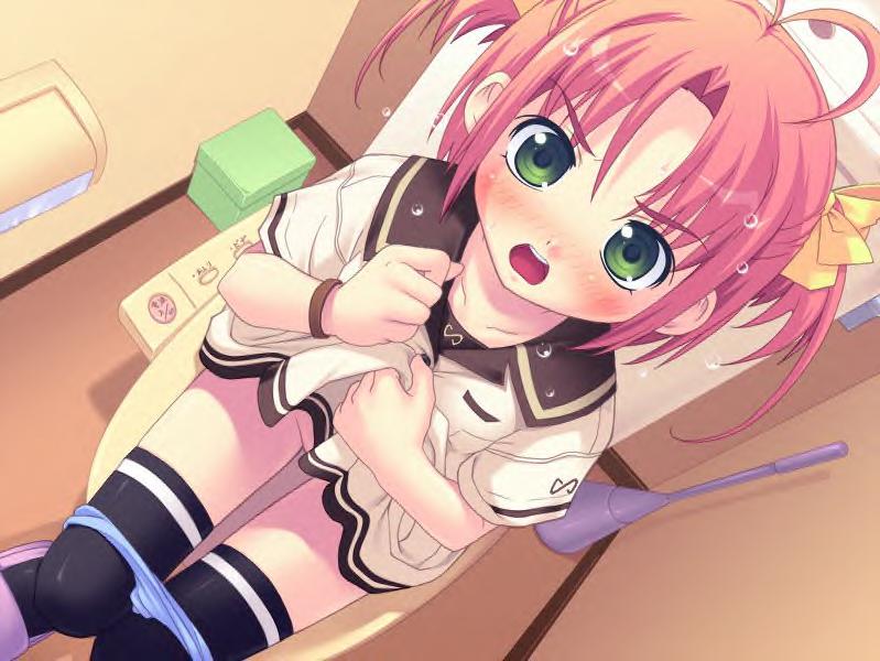 nonohara miki, kamiki suzume, shishunki, jpeg artifacts, 1girl, blush, female focus, green eyes, loli, panties, panty pull, ribbon, short hair, sitting, solo, toilet, toilet use, trash can, underwear, voyeurism