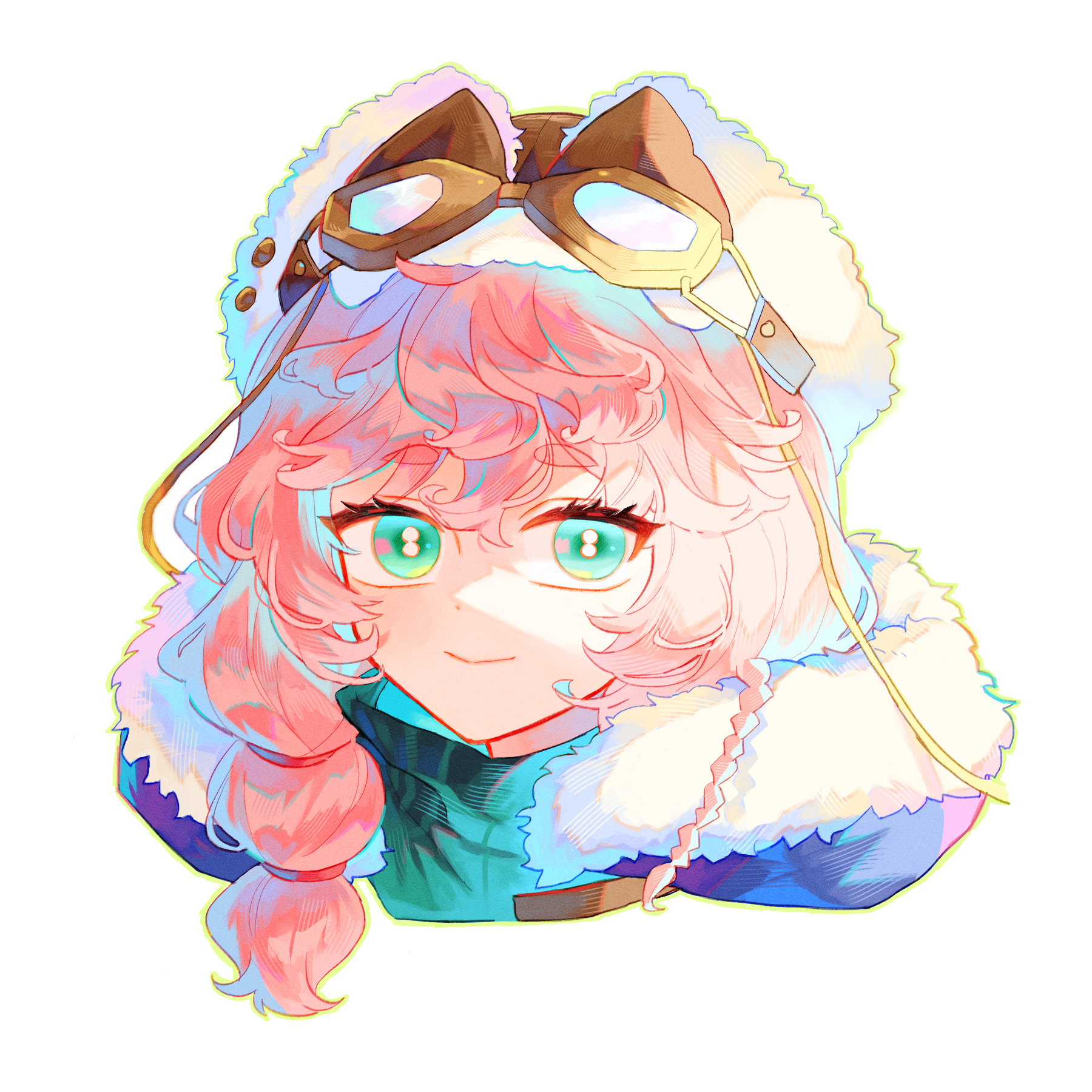 tabin, nautika (reverse:1999), reverse:1999, highres, making-of available, 1girl, aqua eyes, bright pupils, brown hat, closed mouth, coat, cropped torso, eyewear strap, fur-trimmed coat, fur trim, goggles, goggles on headwear, green sweater, hair over shoulder, hat, long braid, looking at viewer, pink hair, portrait, purple coat, smile, solo, sweater, trapper hat, turtleneck, turtleneck sweater, white background, white pupils