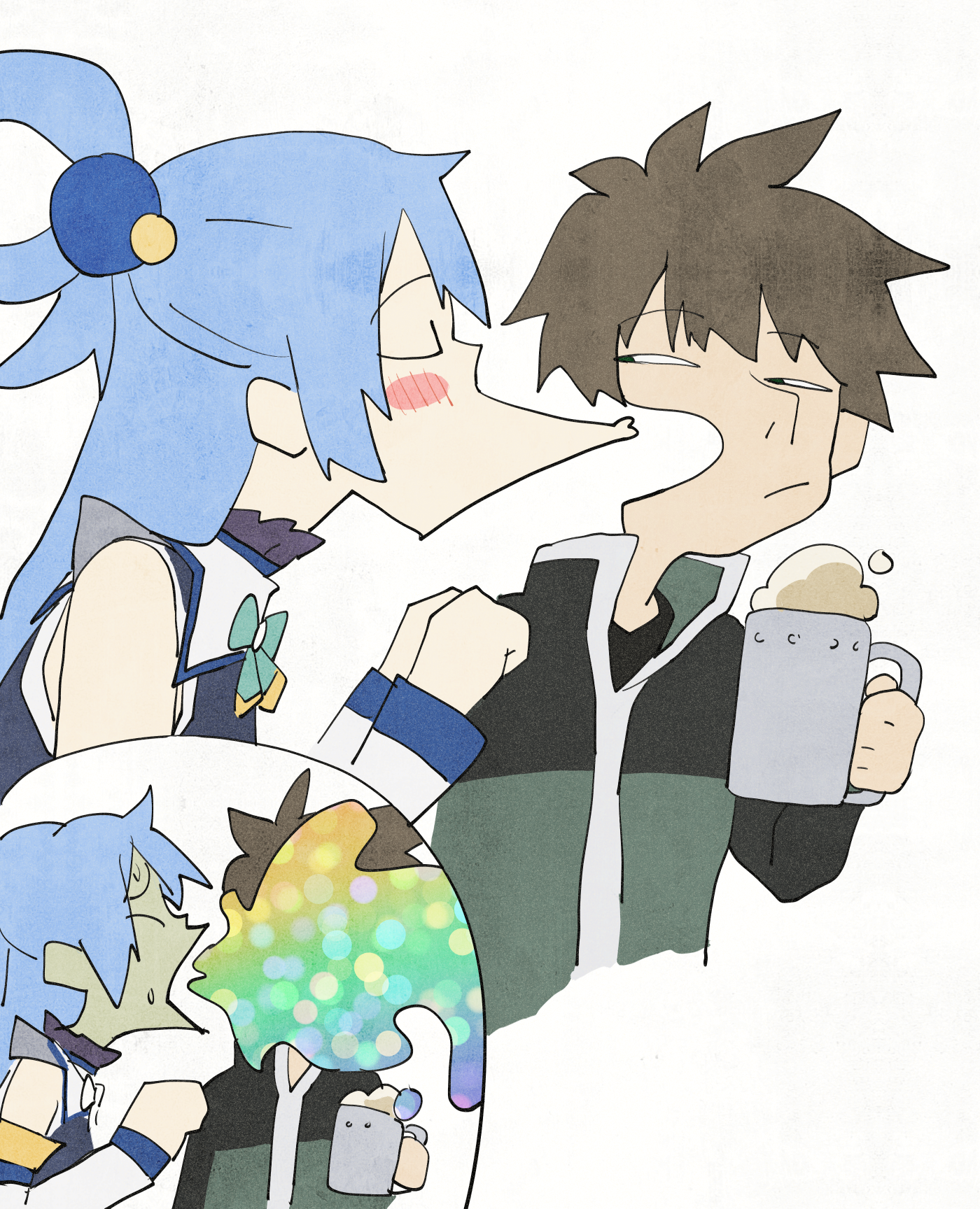 izawa (bhive003), aqua (konosuba), satou kazuma, kono subarashii sekai ni shukufuku wo!, commentary request, highres, 1boy, 1girl, :/, alcohol, beer, beer mug, blue hair, blush stickers, bow, bowtie, brown hair, cup, detached sleeves, drunk, from side, green bow, green bowtie, green track suit, hair ornament, hair rings, holding, holding cup, long hair, long sleeves, looking at another, maomao evading jinshi's kiss (meme), meme, mug, profile, puckered lips, simple background, single hair ring, sphere hair ornament, track suit, upper body, vomiting rainbows, white background, white sleeves