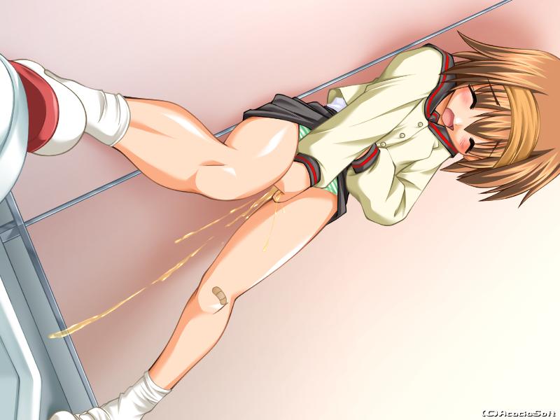 tonpuu, umino tsubame, sister contrast!, white footwear, 1girl, bandaid, bandaid on knee, bandaid on leg, bathroom, black skirt, blush, brown hair, closed eyes, loli, long sleeves, masturbation, open mouth, panties, peeing, peeing self, school uniform, shirt, shoes, short hair, skirt, socks, squat toilet, standing, striped clothes, striped panties, toilet, underwear, uwabaki, white panties, white socks, yellow shirt