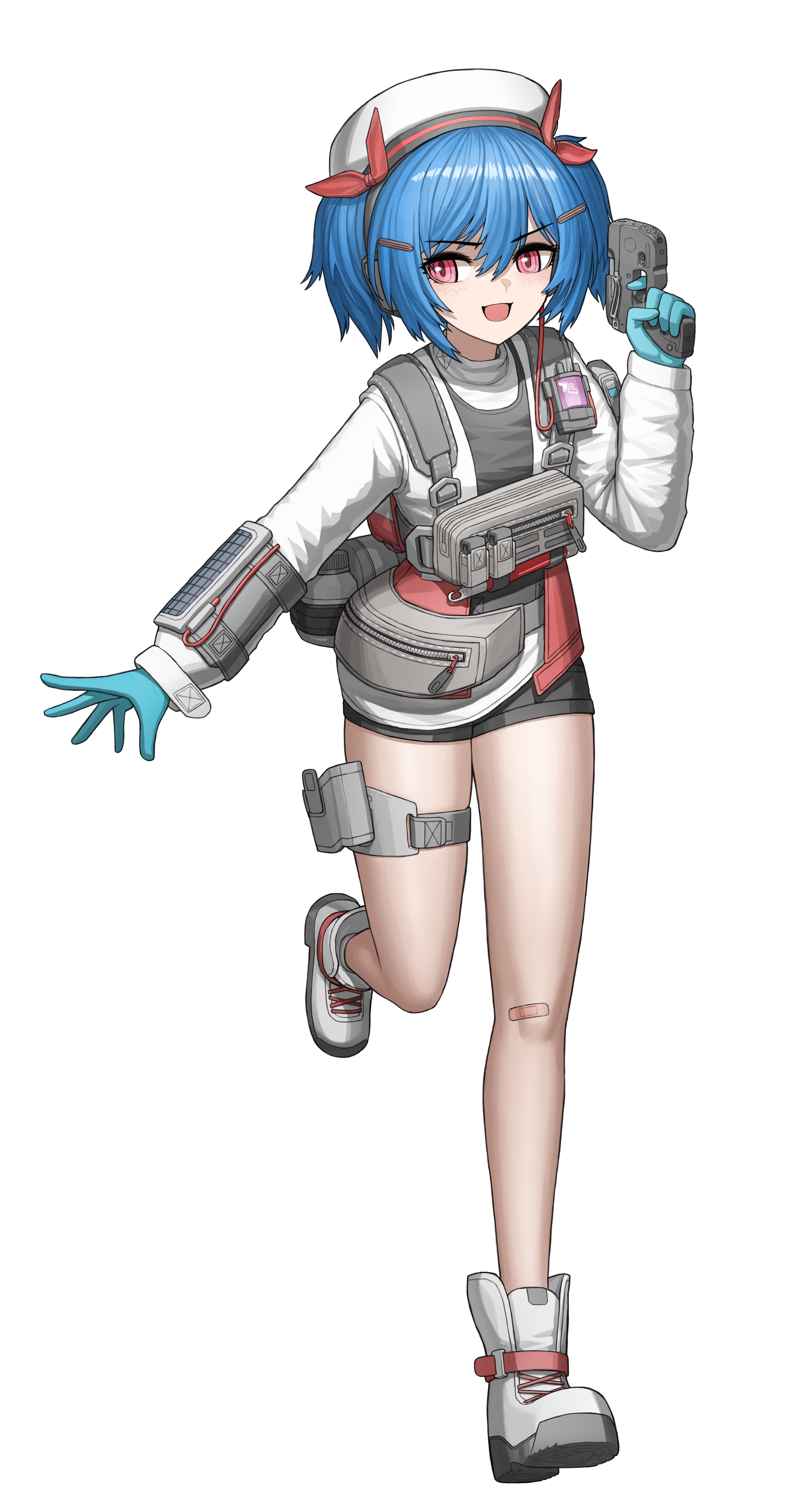 cheogtanbyeong, colphne (girls' frontline 2), girls' frontline, girls' frontline 2: exilium, absurdres, highres, 1girl, bandaid, bandaid on knee, bandaid on leg, beret, black shirt, black shorts, blue gloves, blue hair, boots, ear protection, finger on trigger, full body, gloves, gun, hair between eyes, hair ornament, hairclip, hand up, handgun, hat, holster, jacket, leg up, load bearing vest, long sleeves, looking to the side, medium hair, multicolored jacket, open mouth, pouch, red eyes, red jacket, red ribbon, ribbon, shirt, short shorts, shorts, skindentation, smile, solo, taurus curve, thigh holster, twintails, two-tone jacket, weapon, white jacket