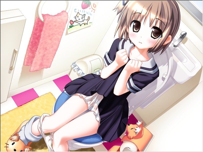 hiide, nekomiya nono, yotsunoha, 00s, 1girl, bathroom, blush, border, brown eyes, brown hair, clothes lift, dress, dress lift, dutch angle, embarrassed, frown, panties, panty pull, petticoat, sailor dress, school uniform, see-through clothes, short hair, sitting, slippers, socks, toilet, towel, trash can, underwear