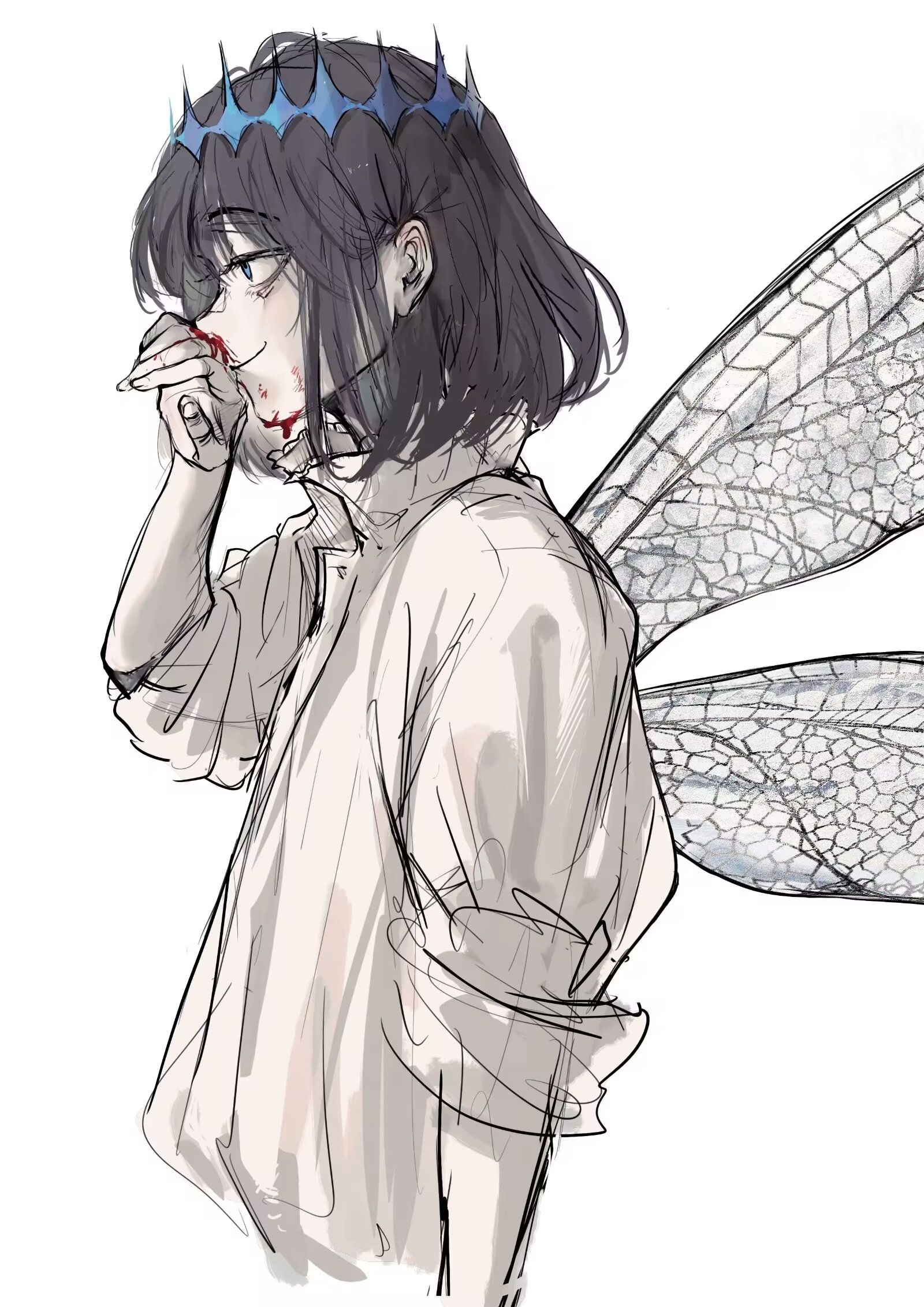 minatsunen, oberon (fate), oberon (third ascension) (fate), fate/grand order, fate (series), highres, 1boy, arthropod boy, bags under eyes, blood, blood on face, blue eyes, cropped torso, diamond hairband, dirty, dirty face, dragonfly wings, grey hair, injury, insect wings, male focus, medium hair, nosebleed, profile, shirt, simple background, smile, solo, white background, white shirt, wings, wiping blood, wiping nose