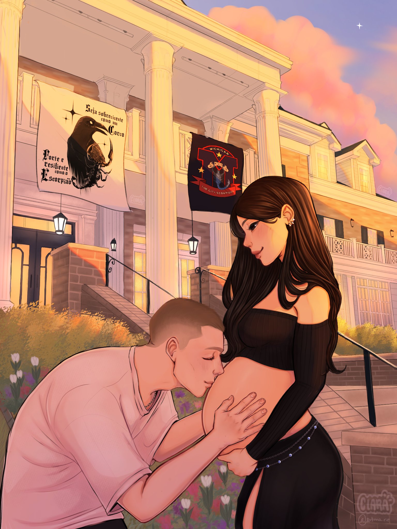 original, commission, highres, 1boy, 1girl, artma rie, bald, black hair, black shirt, black skirt, blackletter, closed eyes, cloud, couple, crop top, day, hetero, husband and wife, kiss, kissing stomach, long hair, outdoors, pregnant, shirt, short sleeves, side slit, skirt, white shirt