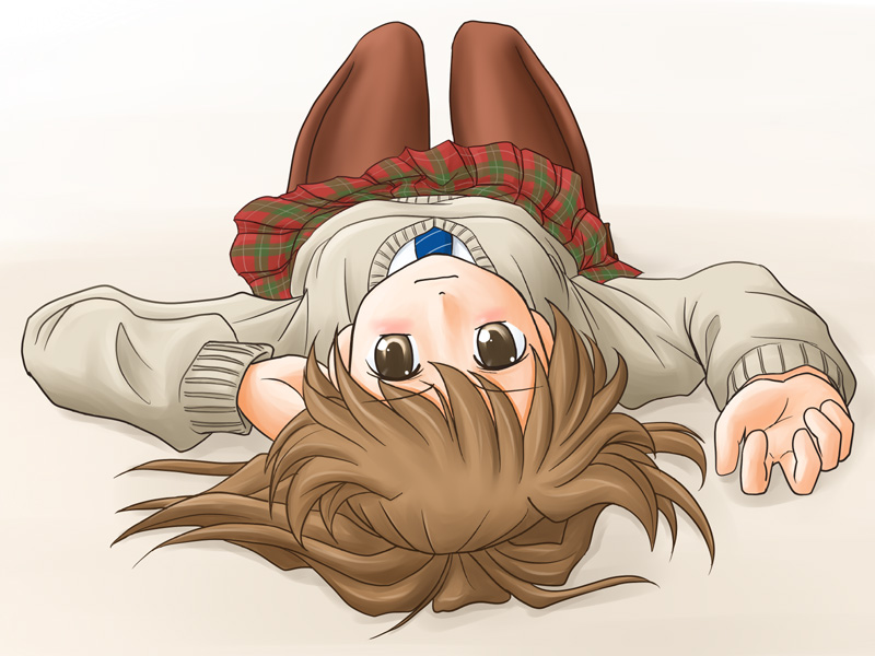 lielos, poniko (lielos), original, brown eyes, brown hair, lying, pantyhose, ponytail, school uniform, skirt, smile, solo