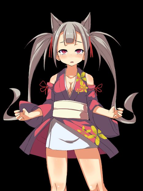 game cg, large variant set, variant set, 1girl, animal ears, anime coloring, black background, blush, breasts, cat girl, cleavage, collarbone, cowboy shot, detached sleeves, extra ears, grey hair, hair between eyes, hair ribbon, japanese clothes, kimono, long hair, looking at viewer, medium breasts, miniskirt, mizuha (toraware no kami-sama), obi, open mouth, parted lips, pencil skirt, pink kimono, raised inner eyebrows, red eyes, red ribbon, ribbon, sash, short kimono, shoulder blush, simple background, skirt, sleeveless, sleeveless kimono, solo, standing, tachi-e, tachinori buranko, tearing up, thighs, toraware no kami-sama to tabi no shoujo, twintails, very long hair, white sash, white skirt, wide sleeves