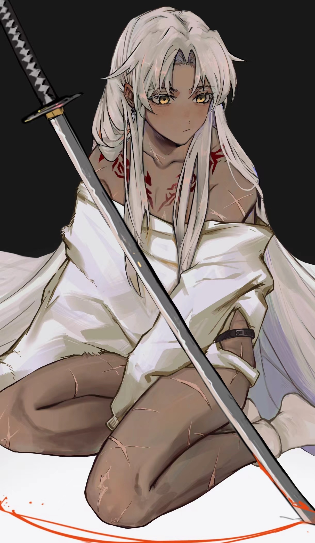 minatsunen, amakusa shirou (fate), fate/apocrypha, fate/grand order, fate (series), highres, 1boy, blood, blush, bottomless, command spell, dark-skinned male, dark skin, earrings, full body, jewelry, katana, long hair, male focus, off shoulder, planted, planted sword, planted weapon, scar, scar on arm, scar on leg, scars all over, shirt, socks, solo, sword, too many, weapon, white hair, white shirt, white socks, yellow eyes