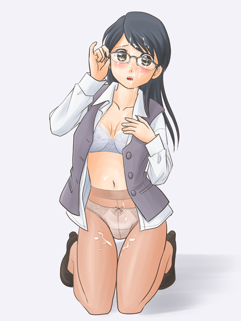 lielos, lielos' office lady, original, 1girl, black hair, blouse, bottomless, bra, brown eyes, crotch seam, cum, cum on body, cum on hair, facial, female focus, glasses, lingerie, long hair, navel, no pants, open clothes, open shirt, panties, panties under pantyhose, pantyhose, see-through clothes, see-through legwear, shirt, solo, underwear