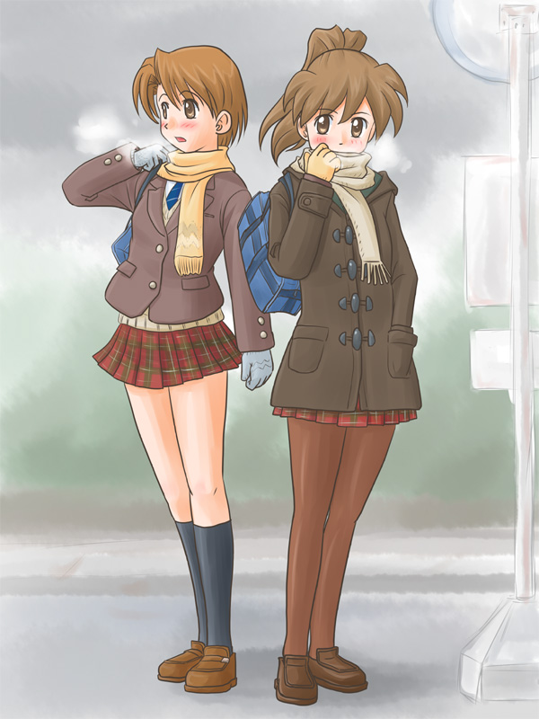 lielos, fujimoto atsuko, poniko (lielos), original, 2girls, blush, brown eyes, brown hair, gloves, multiple girls, pantyhose, plaid clothes, plaid skirt, ponytail, school uniform, skirt