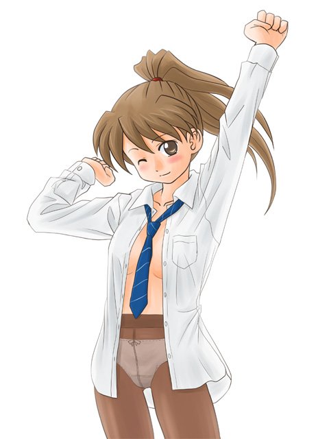 lielos, poniko (lielos), original, 1girl, blue necktie, blush, brown eyes, brown hair, cowboy shot, crotch seam, female focus, necktie, no pants, one eye closed, open clothes, open shirt, panties, panties under pantyhose, pantyhose, ponytail, shirt, solo, stretching, underwear, wink