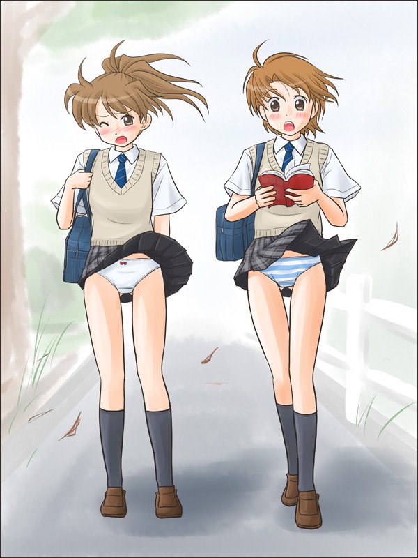 lielos, fujimoto atsuko, poniko (lielos), original, 2girls, blush, book, brown eyes, brown hair, multiple girls, one eye closed, panties, pantyshot, ponytail, school uniform, skirt, socks, standing, striped clothes, striped panties, underwear, upskirt, white panties, wind, wind lift, wink