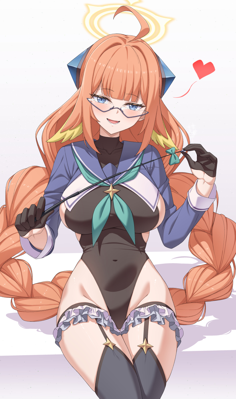 mzrz, shimiko (blue archive), shimiko (magical) (blue archive), blue archive, highres, 1girl, ahoge, black garter straps, black gloves, black leotard, black thighhighs, blue eyes, blue shrug, blush, braid, breasts, covered navel, garter straps, glasses, gloves, half gloves, halo, heart, holding, holding riding crop, large breasts, leotard, long hair, looking at viewer, official alternate costume, open mouth, orange hair, riding crop, sailor collar, shirt, shrug (clothing), simple background, sitting, smile, solo, thighhighs, thighs, twin braids, twintails, yellow halo