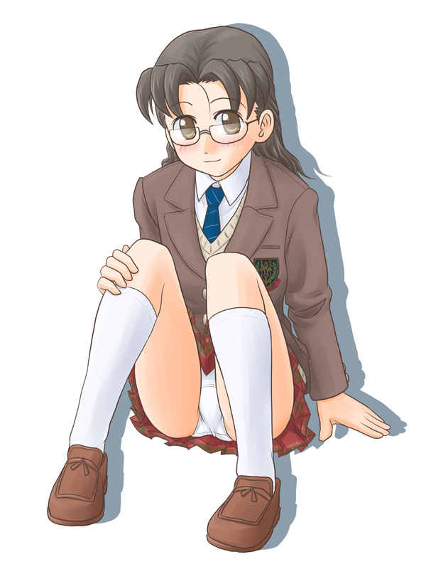 lielos, hikushibe aya, original, 1girl, blush, brown eyes, brown hair, female focus, glasses, panties, pantyshot, school uniform, skirt, socks, solo, underwear