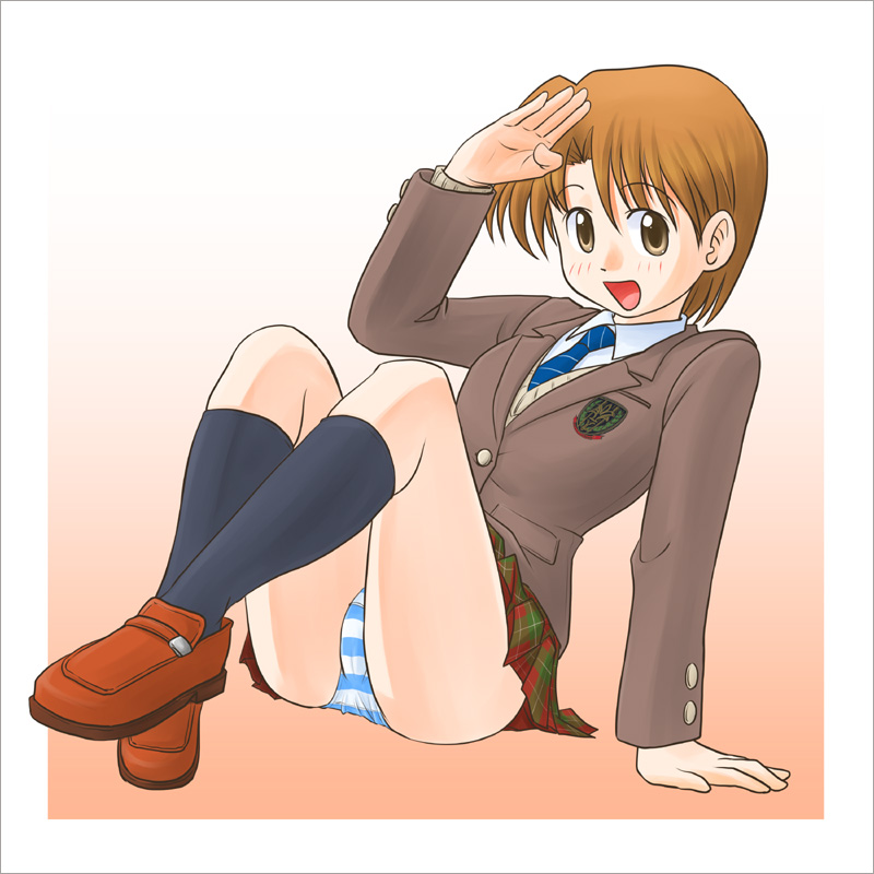 lielos, fujimoto atsuko, original, brown eyes, brown hair, panties, pantyshot, salute, school uniform, solo, striped clothes, striped panties, underwear