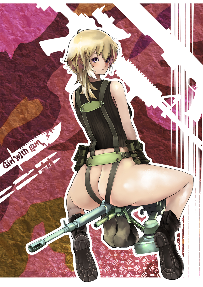 bh001, wretch, bad id, bad pixiv id, highres, ass, bare shoulders, blonde hair, blue eyes, blush, boots, gun, looking back, no panties, sitting, solo, weapon