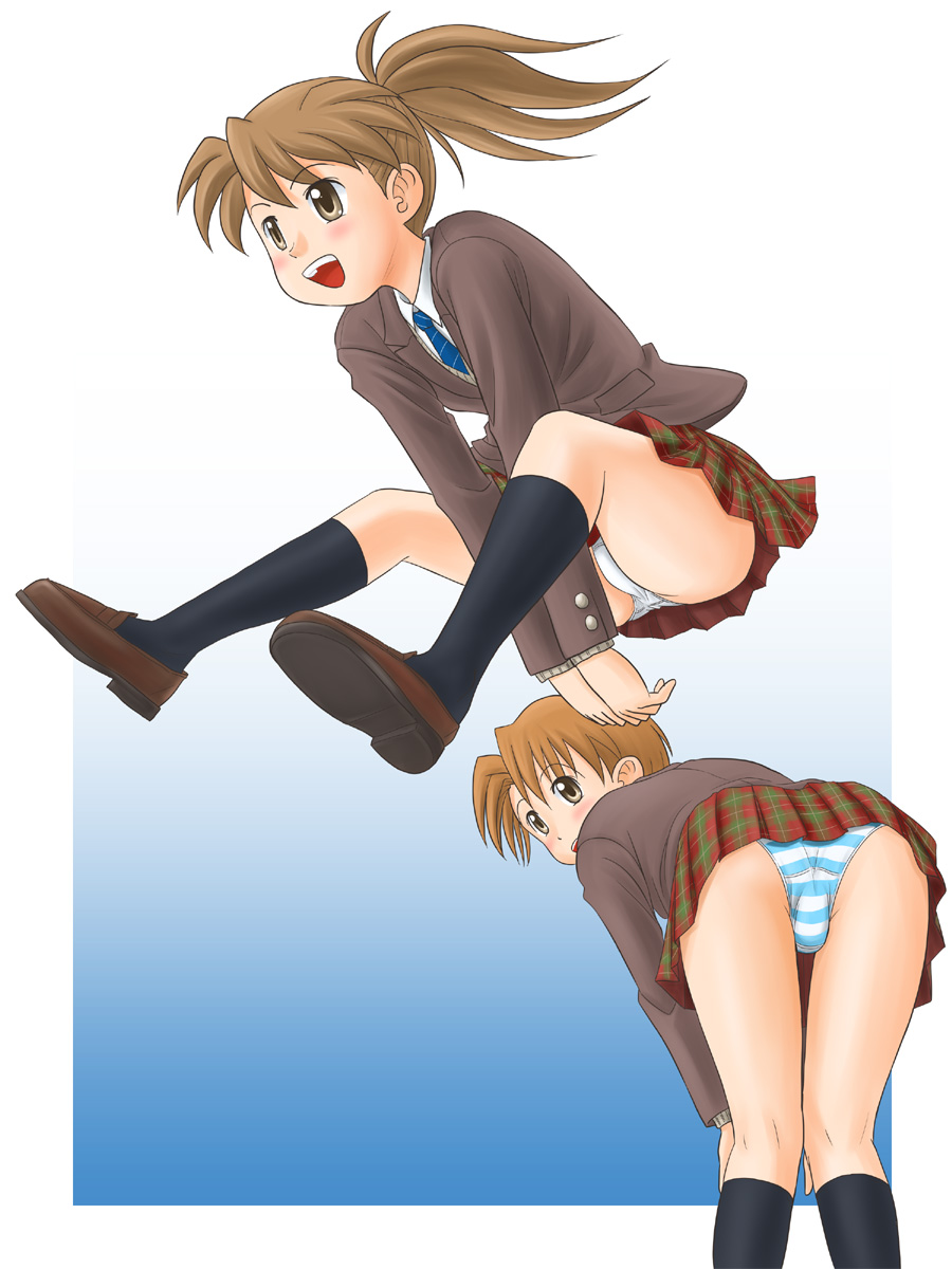 leapfrog, lielos, fujimoto atsuko, poniko (lielos), original, highres, 2girls, ass, brown eyes, brown hair, multiple girls, open mouth, panties, pantyshot, ponytail, school uniform, striped clothes, striped panties, underwear