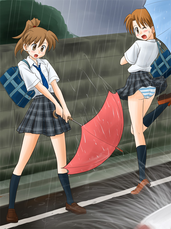 lielos, fujimoto atsuko, poniko (lielos), original, 2girls, ass, bag, blue necktie, blush, brown eyes, brown hair, d:, kneehighs, loafers, multiple girls, necktie, one eye closed, open mouth, panties, plaid clothes, plaid skirt, ponytail, rain, school bag, school uniform, shoes, skirt, socks, splashing, striped clothes, striped panties, sweat, umbrella, underwear, wink