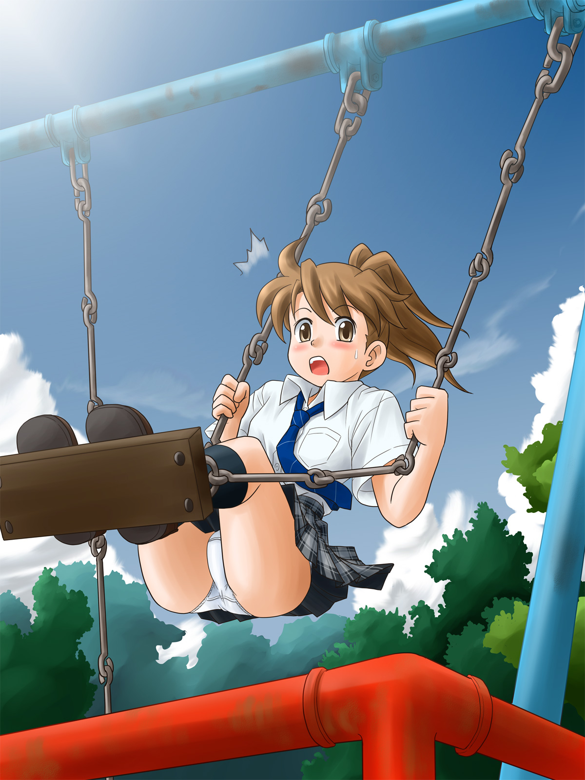 lielos, poniko (lielos), original, highres, 1girl, blue necktie, blush, brown eyes, brown hair, cloud, day, female focus, necktie, on swing, panties, pantyshot, ponytail, school uniform, skirt, sky, solo, standing, standing on swing, sweat, swing, swinging on swing, underwear, upskirt, white panties