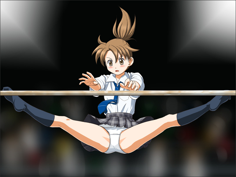 lielos, poniko (lielos), original, 1girl, blue necktie, brown eyes, brown hair, female focus, highbar, necktie, panties, pantyshot, ponytail, school uniform, skirt, socks, solo, split, spread legs, underwear, white panties