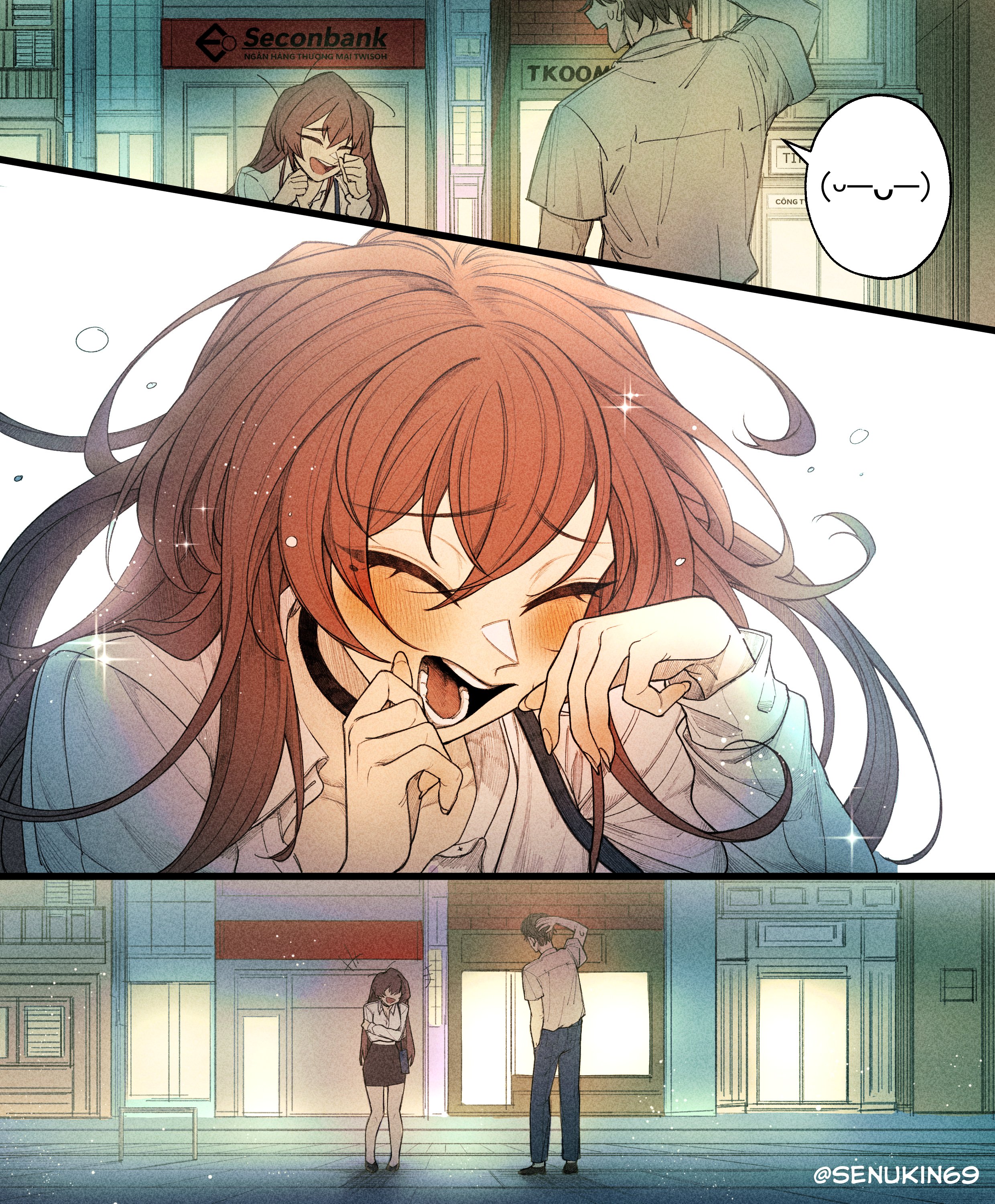 senukin, original, absurdres, commentary, english commentary, highres, 1boy, 1girl, artist name, black choker, black pants, black shoes, black skirt, blush, brown hair, choker, closed eyes, collared shirt, flying teardrops, hair between eyes, long hair, long sleeves, office lady (senukin), open mouth, outdoors, pants, shirt, shoes, skirt, smile, speech bubble, spoken expression, twitter username, white shirt
