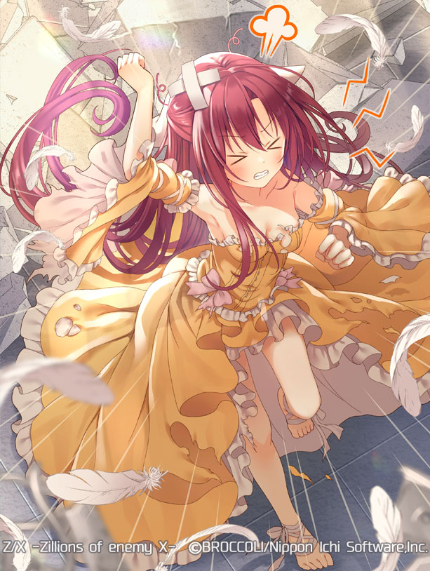 serino itsuki, z/x, official art, > <, 1girl, angry, armpits, bare shoulders, bow, breasts, cleavage, clenched teeth, copyright notice, crossed bandaids, detached sleeves, dress, dress bow, feathers, floating hair, hair between eyes, long hair, medium breasts, nanaya (z/x), off-shoulder dress, off shoulder, orange dress, pink bow, red hair, solo, standing, standing on one leg, steam, teeth, torn clothes, torn dress, white feathers