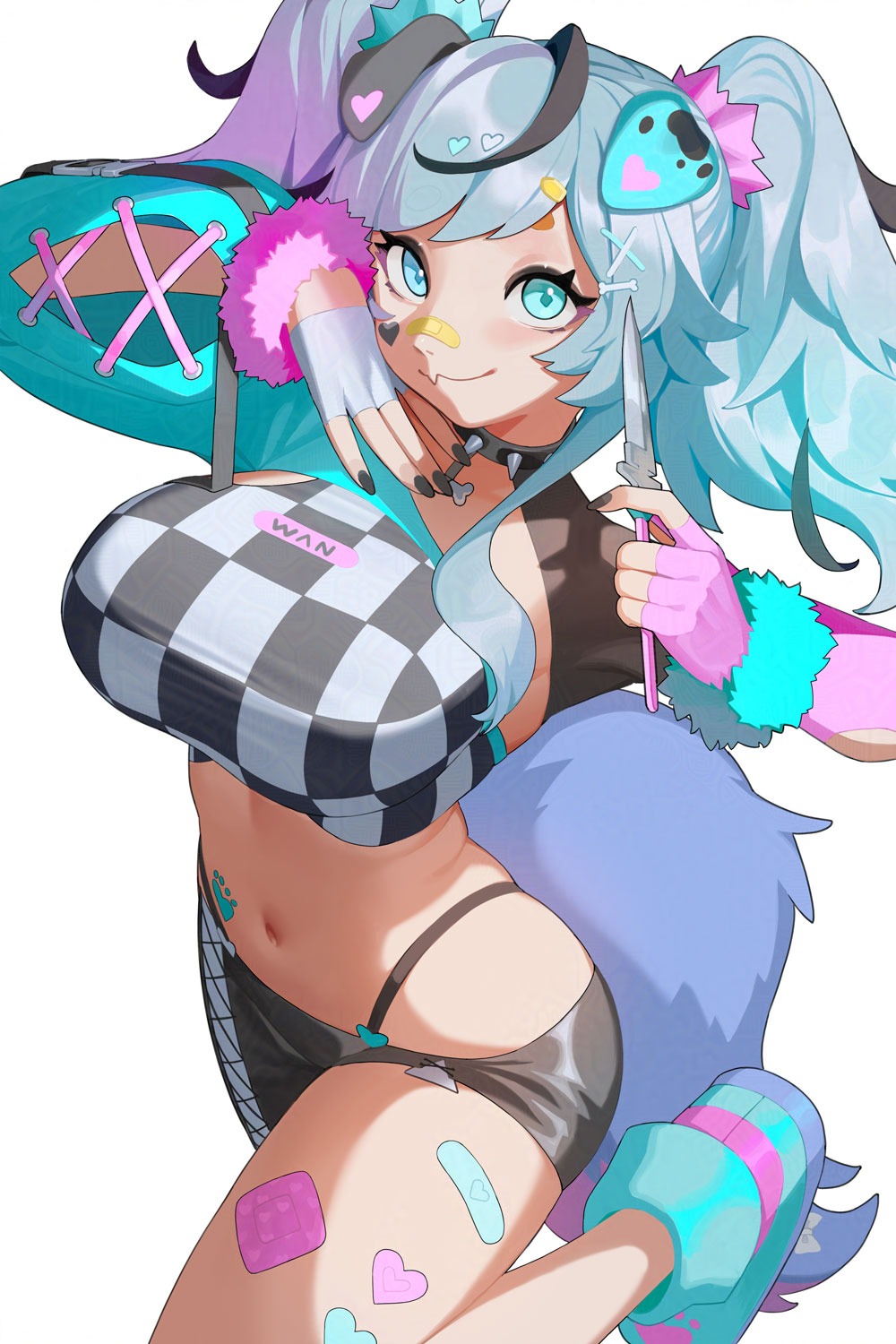 karassawa, indie virtual youtuber, commission, highres, 1girl, animal ears, bandaid, bandaid on face, bandaid on leg, bandaid on nose, black collar, black hair, black nails, black pantyhose, blue eyes, breasts, checkered clothes, closed mouth, collar, dog ears, dog girl, facial mark, fingerless gloves, gloves, gradient hair, hair ornament, heart, heart facial mark, heart hair ornament, holding, holding knife, hunikin (vtuber), knife, multicolored hair, navel, pantyhose, pink gloves, single leg pantyhose, smile, solo, spiked collar, spikes, stomach, virtual youtuber