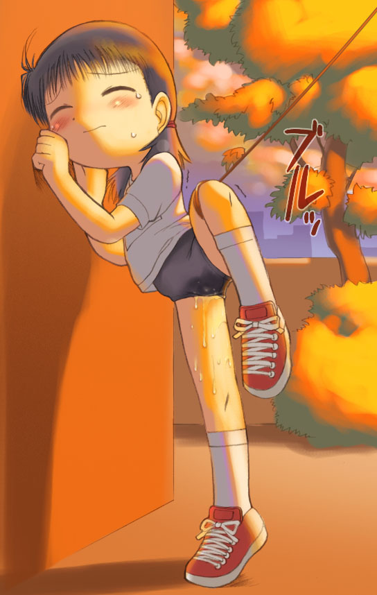 red footwear, artist request, 1girl, black hair, blue buruma, blush, buruma, bush, closed eyes, cloud, earrings, gym uniform, jewelry, loli, low twintails, peeing, peeing self, rope, shirt, shoes, short hair, short sleeves, sky, sneakers, socks, standing, standing on one leg, sunset, sweat, tree, trembling, twintails, wet, wet buruma, wet clothes, white shirt, white socks