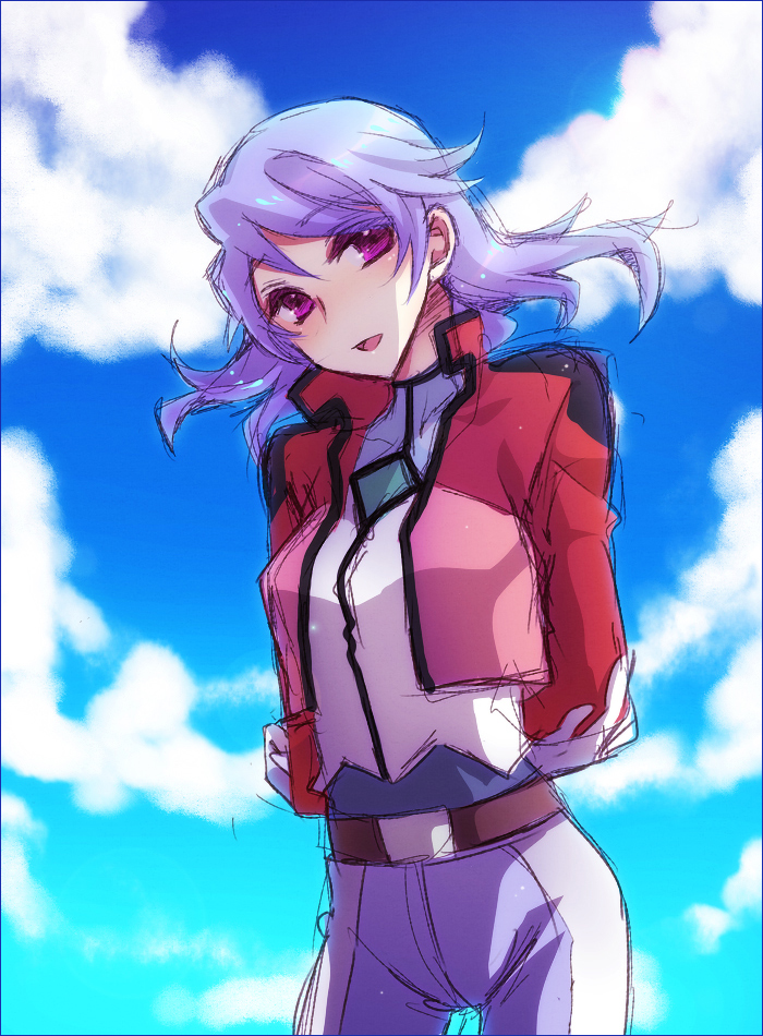 otsuo, anew returner, gundam, gundam 00, light purple hair, bad id, bad pixiv id, 00s, 1girl, arms behind back, bodysuit, contrapposto, cowboy shot, female focus, gloves, looking at viewer, red eyes, short hair, solo, standing, white gloves